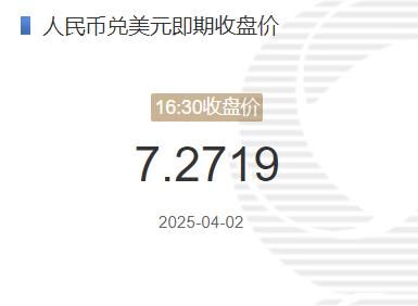 4月2日人民币兑美元即期收盘价报7.2719 较上一交易日下调32个基点(2025年04月02日)